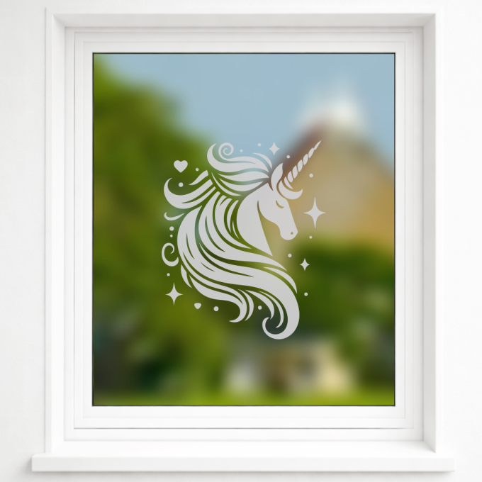 Glastattoo „Einhornkopf mit wilder Mähne“ aus Milchglasfolie – Fensterdeko vom Dekorfuchs
