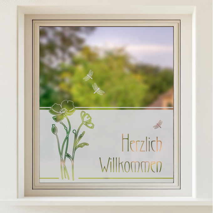 Sichtschutz - Herzlich Willkommen Mohnblumen mit drei Libellen