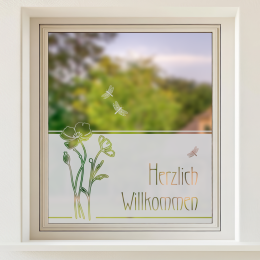 Sichtschutz - Herzlich Willkommen Mohnblumen mit drei Libellen