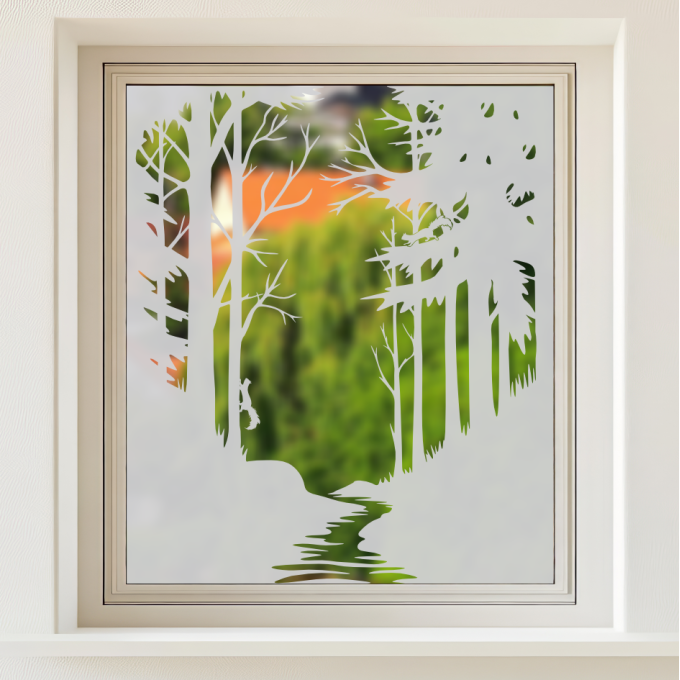 Sichtschutzfolie Waldlandschaft - Waldlichtung mit einem Bach und Eichhörnchen aus Milchglasfolie – Fensterfolie vom Dekorfuchs
