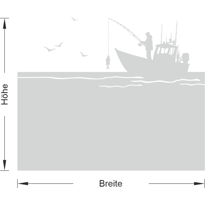 Sichtschutz - Angler im Boot mit einem Fisch an der Angel umgeben von fliegenden Möwen