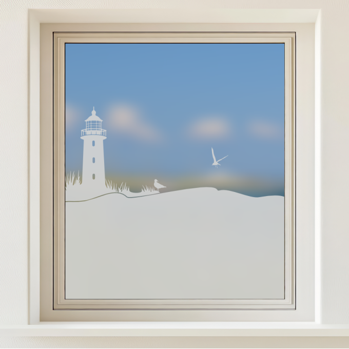 Sichtschutz - Leuchtturm an der Küste mit zwei Möwen