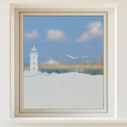 Sichtschutz - Leuchtturm an der Küste mit drei fliegenden Möwen