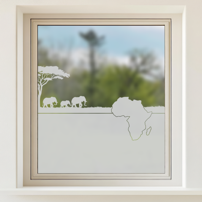 Sichtschutz - Afrikanische Savanne mit einem Baum, drei Elefanten und der Silhouette des Kontinents Afrika