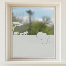 Sichtschutz - Afrikanische Savanne mit einem Baum, drei Elefanten und der Silhouette des Kontinents Afrika