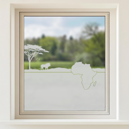 Sichtschutz -Afrikanische Savanne mit einem Baum, einem Löwen und der Silhouette des Kontinents Afrika