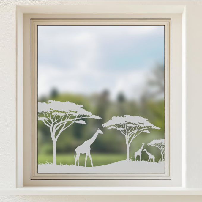 Glastattoo - Afrikanische Savanne mit einem Baum und drei Giraffen