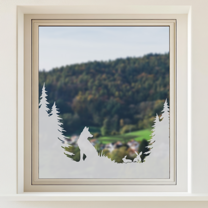 Glastattoo - Waldlandschaft - Fuchs beobachtet zwei Hasen