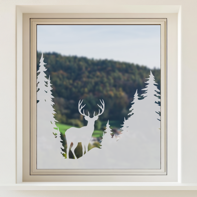 Glastattoo - Waldlandschaft - Hirsch blickt in die Ferne
