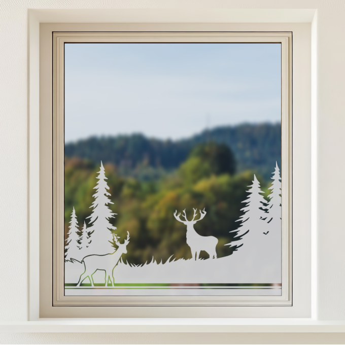 Glastattoo - Waldlandschaft - Hirsch und Reh auf einer Lichtung