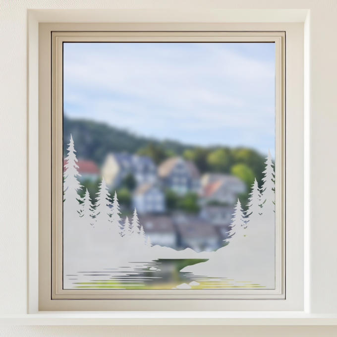 Glastattoo - Idyllische Landschaft mit Bäumen und einem Fluss mit Steinen