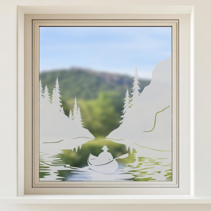 Glastattoo - Idyllische Landschaft mit Bäumen, einem Fluss und einem Kanufahrer