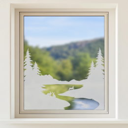Glastattoo - Idyllische Landschaft mit Tannenbäumen, einem Bach und drei Hasen