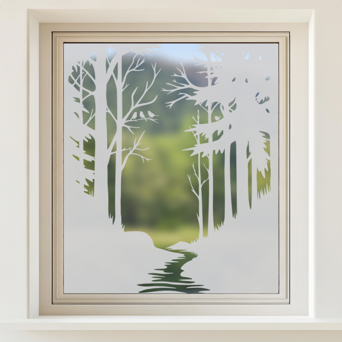 Glastattoo - Idyllische Waldlichtung mit einem Bach und vier Vögeln