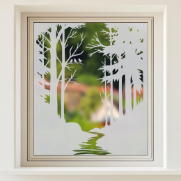 Sichtschutz Waldlandschaft - Waldlichtung mit einem Bach und vier Vögeln