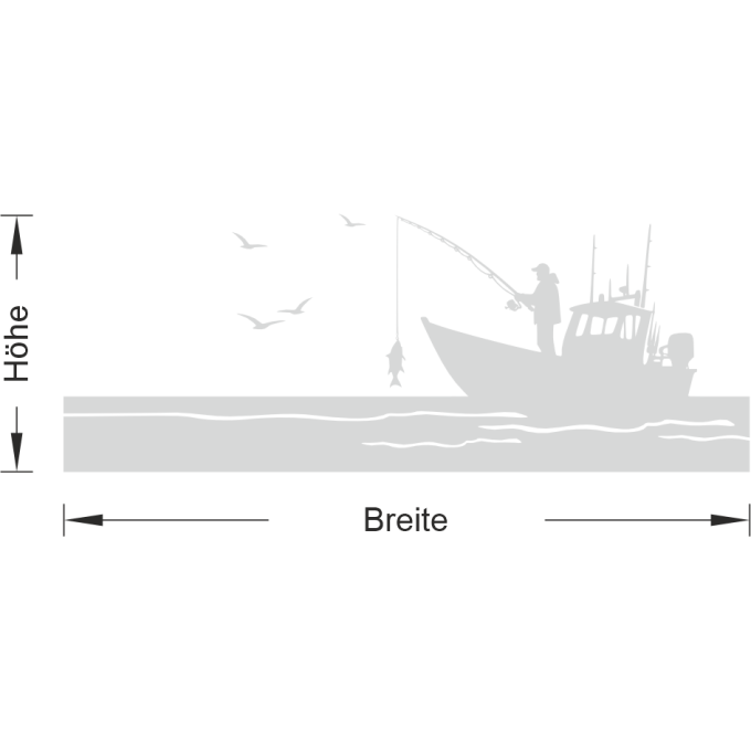 Glastattoo - Angler im Boot mit einem Fisch an der Angel umgeben von fliegenden Möwen