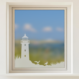 Glastattoo - Leuchtturm am Strand mit zwei Möwen